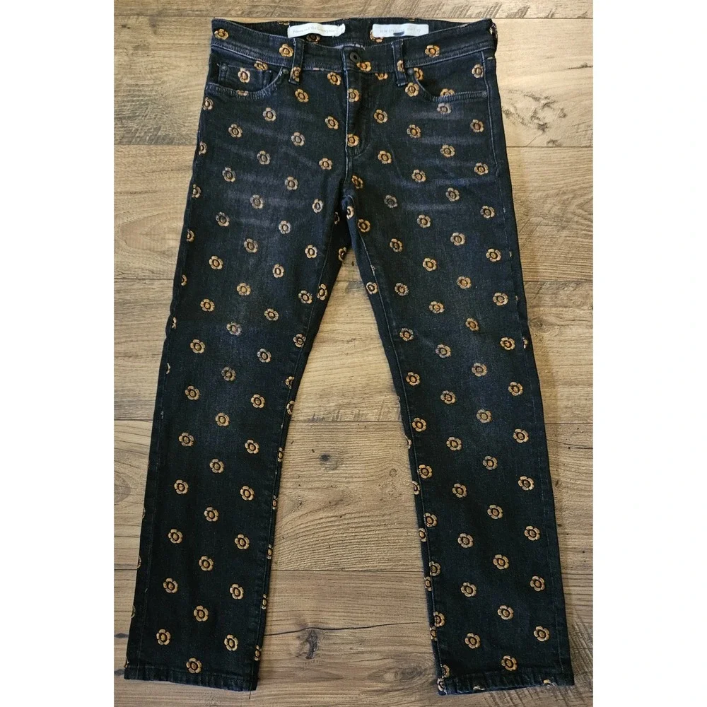 Pilcro‎ and the Letterpress Slim Straight Floral Embroidered Black Jeans Size 27